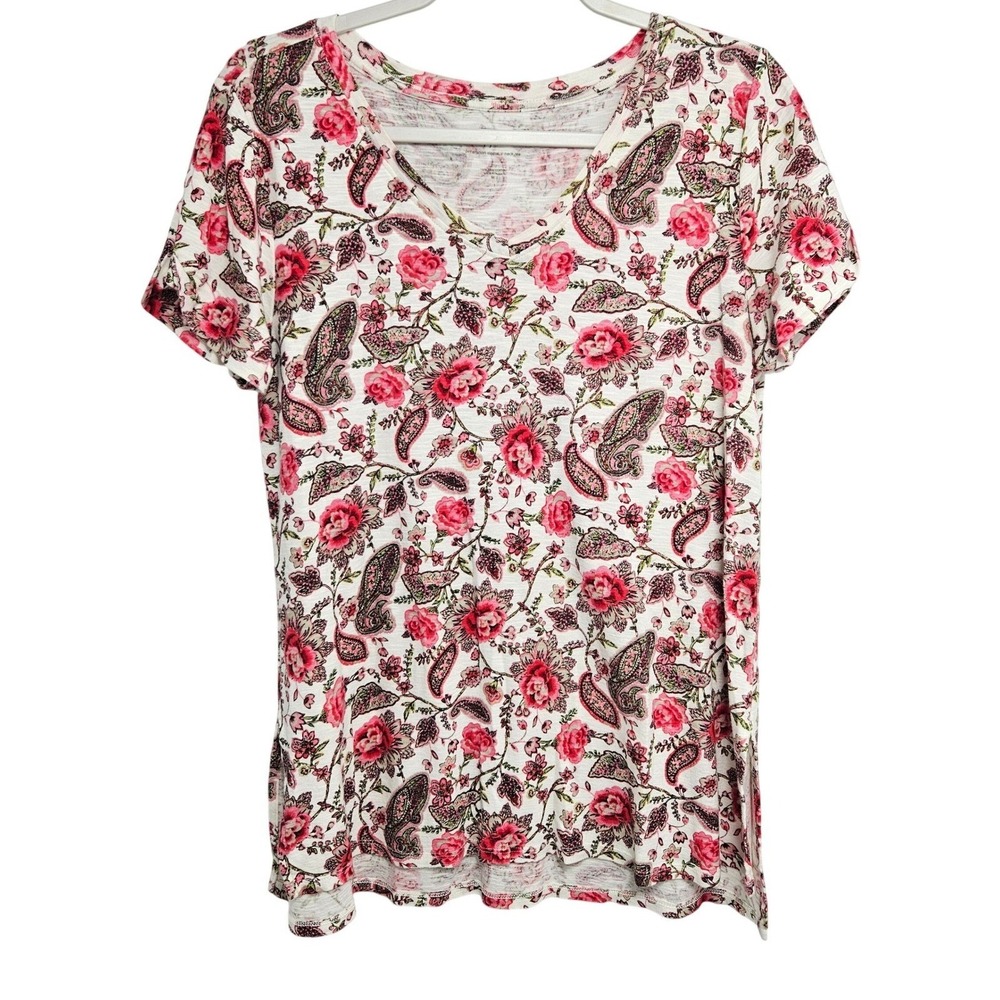 J. Jill Womens 100% Pima Cotton Top Gauzy Floral Capsule Relaxed Cream Pink M